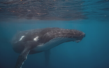 Fototapeta premium Underwater view of a majestic humpback whale swimming near the o