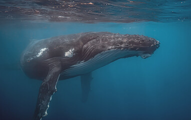 Fototapeta premium Side view of a humpback whale swimming underwater with sunlight