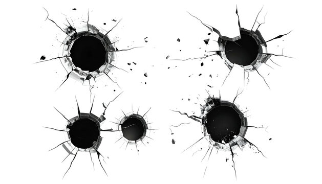 Several bullet holes shatter and damage glass, arranged on a stark black background. The impact sites radiate outwards