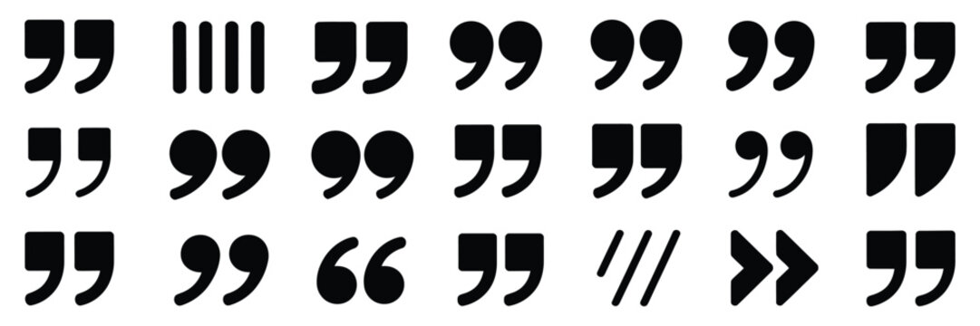Quote mark speech icon set, quotation symbols for dialogue, typography and text emphasis, speech bubble and citation design elements.
