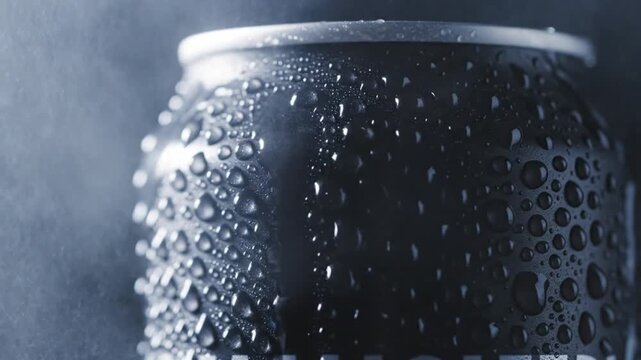 Close up of a cold black beverage can with water droplets and condensation on a dark background