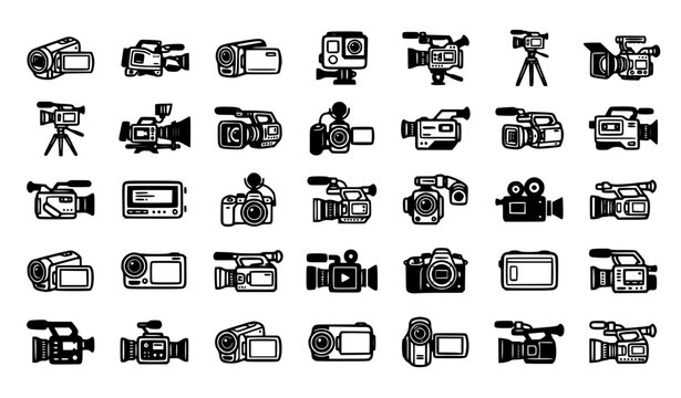 Digital Camcorder Black Outline Icons Set with Video Recording and Media Production Camera Symbols