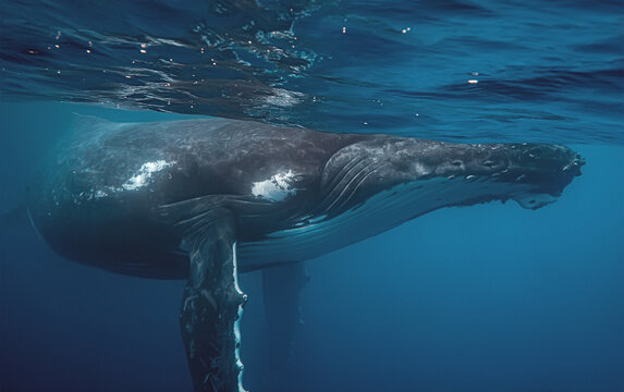 Underwater profile of a Humpback whale swimming in the deep blue