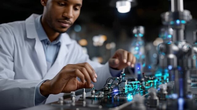 Focused scientist interacts with glowing holographic circuitry