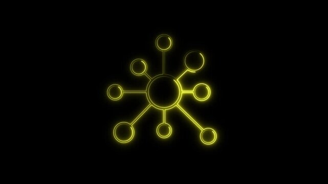 High tech glowing yellow neon network node connectivity vector loop animation representing global communication,digital marketing, complex neural synapse structure on an absolute black background.