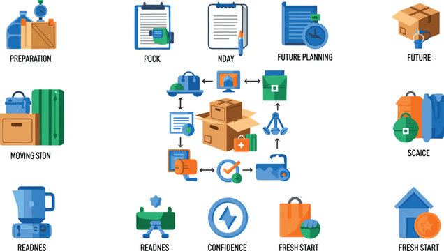 Residential relocation workflow and future planning infographic vector icons set for real estate moving services and personal lifestyle transition presentation templates