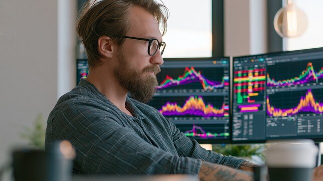 Medium shot of a freelance analyst reviewing AI hiring trends on dual monitors with salary bands and skill gaps highlighted set in a minimal home office with soft daylight