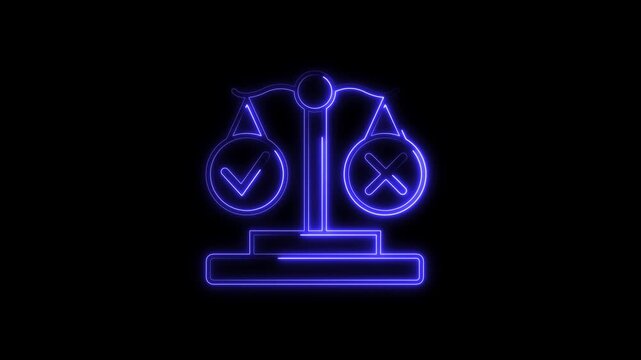 Neon glowing blue scales of justice line loop animation featuring explicit check-mark and cross mark icons symbolising legal compliance,