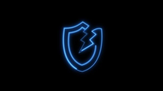 High-tech blue neon glowing cracked broken shield outline loop animation representing cyber security failure, critical data breach vulnerability, firewall hacking incident, system security crack,
