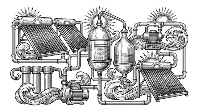 Vintage line art mechanical engine assembly with pipes and valves.
