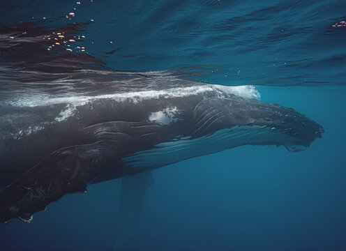 Humpback whale with barnacles swimming in deep blue ocean water