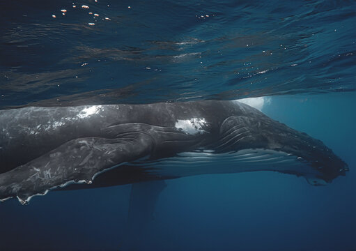 Humpback whale with barnacles swimming in deep blue ocean water