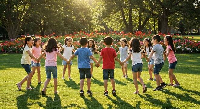 温かい黄金色の夕日が広大な公園の美しい緑の芝生全体に柔らかく降り注ぎ明るい光と長い影が交錯する中様々な背景を持つ子供たちが互いに笑顔で手を取り合い無邪気に輪になって楽しそうに走り回る純粋な喜びと活気に満ちた心温まる瞬間. AI Generated