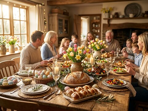 Happy multi-generational family sitting at a long wooden dining table for a festive easter lunch celebration in a cozy home