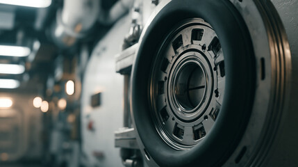 Fototapeta premium watertight. Extreme close-up of a submarine hatch's circular sealing mechanism. mobility guides, transit brochures, designed for mobility and urban transit guides, used by financial analysts.