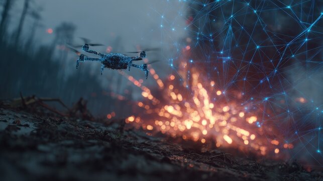 A drone hovers in a smoky, dark environment, illuminated by an explosive, glowing network of connected blue lights. ..Created with Generative AI, not depicting real subjects.