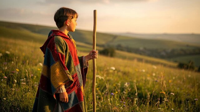 Young boy in colorful poncho holding wooden staff standing in a sunlit wildflower meadow during golden hour