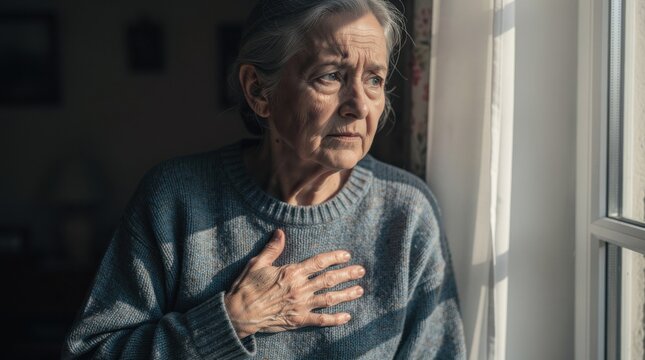 An elderly woman looks worriedly out a window, clutching her chest, conveying concern or distress in a dimly lit room.