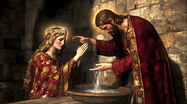 realistic Jesus Christ is looking peaceful while casting out demons from Mary. Mary looks distraught but relieved. Jesus has one hand over Mary's head to portray the healing happening