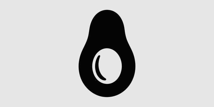 Black silhouette of a halved avocado with the pit visible on a light gray background fruit