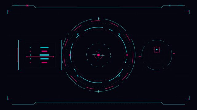 Futuristic HUD Interface Screen with Cyan and Magenta Digital Data and Rotating Targeting Reticle on Black Background