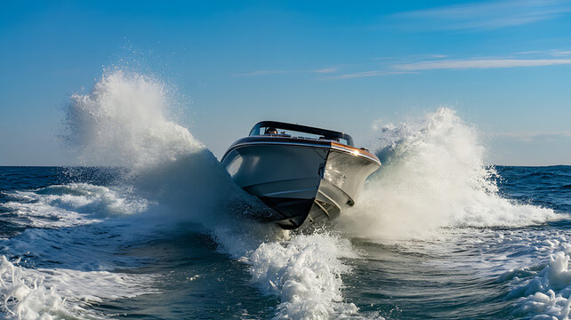Jet Ski Riding Fast on Ocean Waves with Splashing Water Near Beach