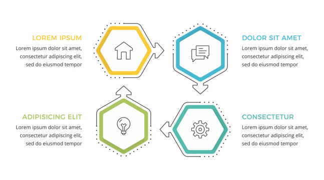 Infographic template featuring four hexagonal step for workflow diagram