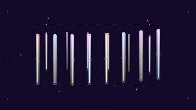 Abstract data visualization interface with vertical glowing bars moving on a dark grid background for futuristic technology concepts.