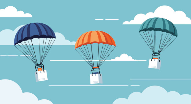 Three colorful parachutes delivering white boxes through a cloudy blue sky representing air freight and fast delivery services globally.