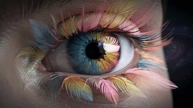 Close up of human eye with colorful feather eyelashes creative beauty concept
