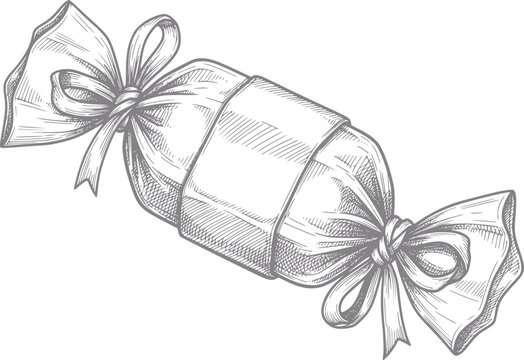 Hand-drawn of a wrapped candy with bows on a white background