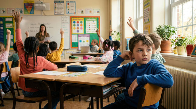 Classroom scene with diverse children raising hands while a teacher instructs at the front, featuring educational posters and a bright learning environment