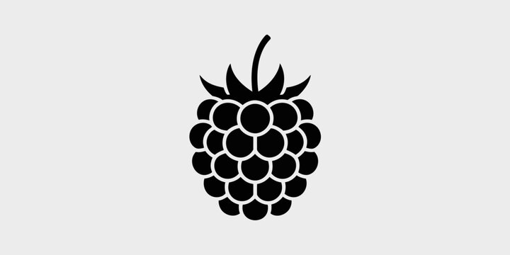Black silhouette of a raspberry fruit with a stem and sepals on a light gray background