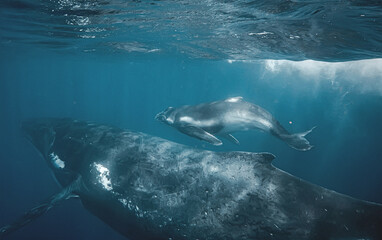 Naklejka premium Majestic Humpback Whale Mother and Baby Calf Gliding Underwater