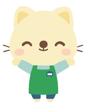 エプロン姿の猫店員のイラスト（万歳）　働く　動物