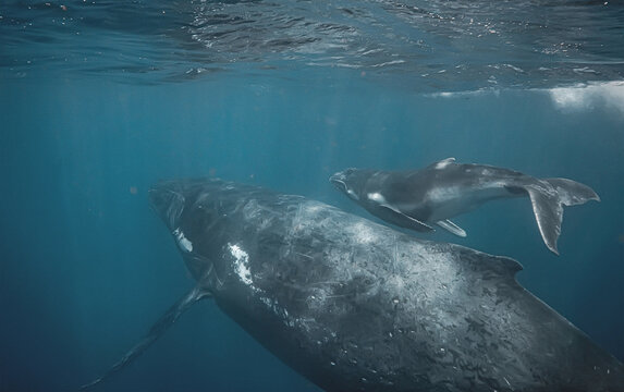 Underwater view of a mother humpback whale and her calf swimming