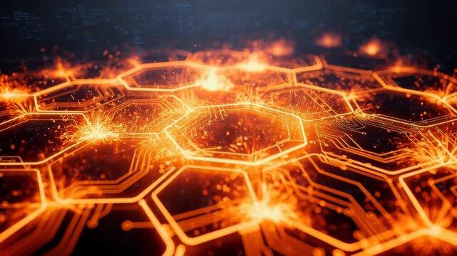 Glowing orange hexagonal circuit board with sparks digital technology concept background