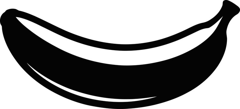Black silhouette of a single curved banana with a stem isolated on a white background fruit