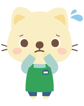 エプロン姿の猫店員のイラスト（困る）　働く　動物