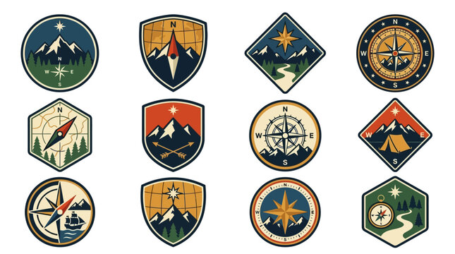 Retro Compass Badges Vector Bundle Showcasing Wilderness Navigation Emblems with Blank Spaces Crafted for Textless Outdoor Guide Templates