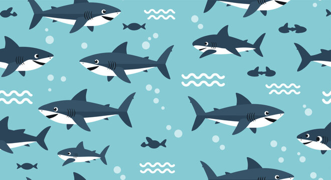 Friendly grey sharks seamless pattern with bubbles, waves, and small fish on a light blue background for ocean themed kids room decor.