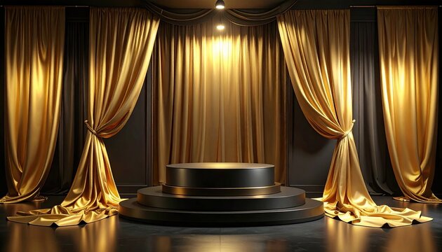 Luxurious Golden Stage with Spotlight and Podium for Awards Ceremony.