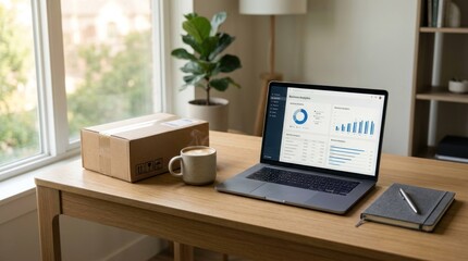 Fototapeta premium Home office setup with laptop displaying business analytics and a package for shipping.