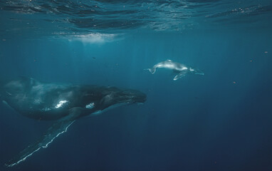 Fototapeta premium Mother humpback whale swimming with calf underwater in deep blue