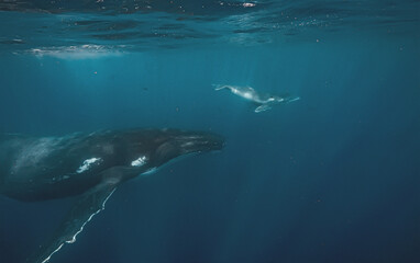 Fototapeta premium Humpback whale mother and calf swimming underwater in deep blue