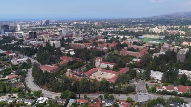 University of California Los Angeles campus in Westwood, Los Angeles showing Royce Hall, Pauley Pavilion, surrounding neighborhood