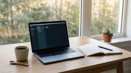 Fototapeta premium Laptop on a Wooden Desk with Coffee and Notebook by a Window.