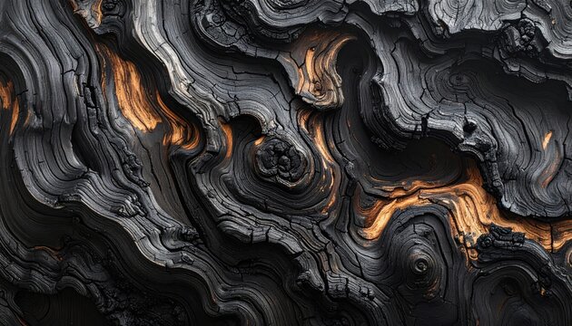 Abstract Swirling Dark Wood Grain with Fiery Orange Accents.