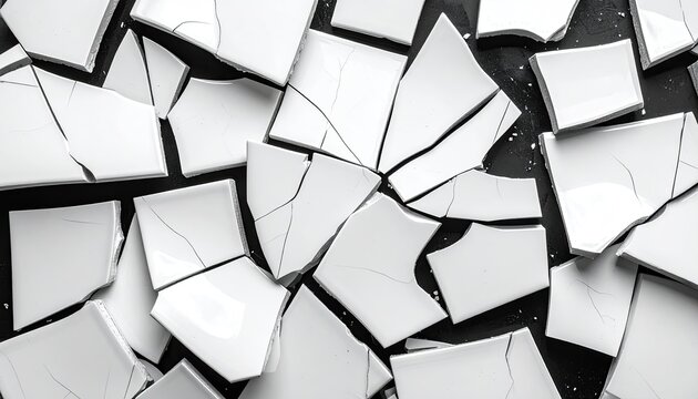 Abstract Pattern of Broken White Ceramic Shards Scattered on Dark Surface.