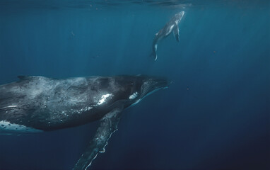 Fototapeta premium Mother humpback whale and calf swimming underwater in the deep blue ocean with sunlight rays.